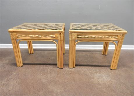 Pair of Bamboo Style Wicker Glass Top Side Tables