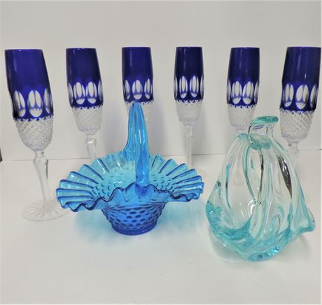Six Vintage Cobalt Blue Stemware / Hobnail Glass Basket / Art Glass Basket