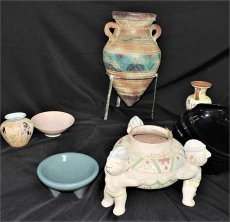 Decorative Aztec Clay Pot, Greek Amphora and Vase Lot