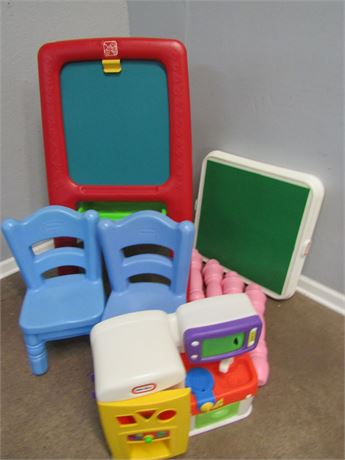 Children Plastic Play Set, Table and Chairs, Chalk Board, Mini Stove