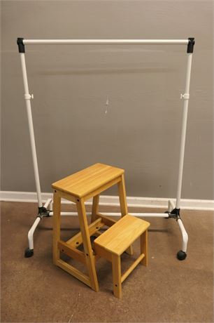 Wood Hide-A-Way Step Stool & Laundry Hanging Rod