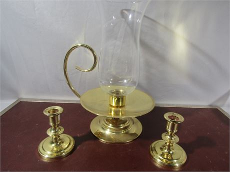 Baldwin Candlestick Holders, 2 Small 4'' H, and Large Glass Globe at 13'' H