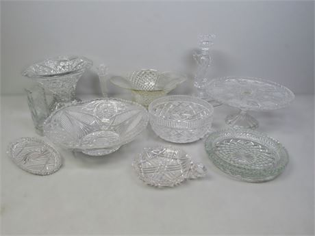 Crystal/Glass Lot - 11 Pieces - Bowls Candlestick Bud Vases Cake Plate