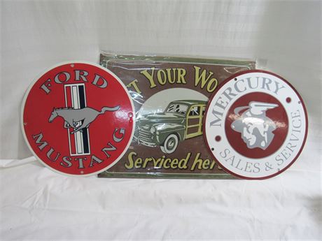 2 Reproduction Vintage Style Enamel Signs and 1 Tin Sign
