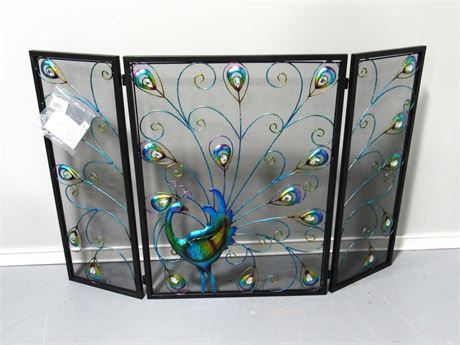 Tri-Fold Fireplace Screen with Peacock Motif - NEW