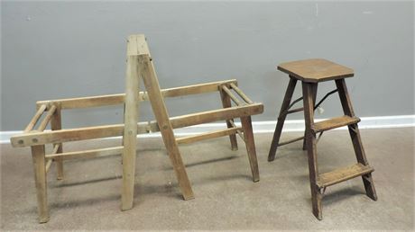 Primitive/Antique Double Wash Tub Rack Stand and Folding Step Stool