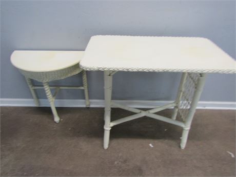 Set of Two Wicker White Tables, Corner and Rectangle Shapes
