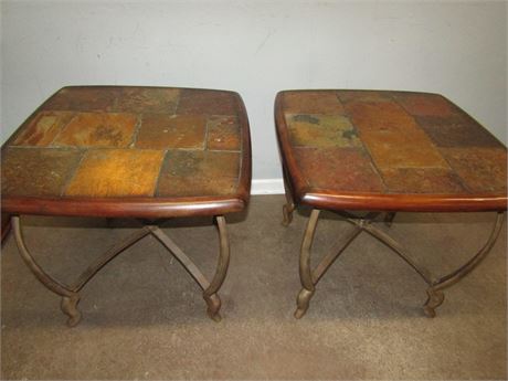 Set of Two, Raymour & Flanigan Stone, Wood, and Metal End Tables