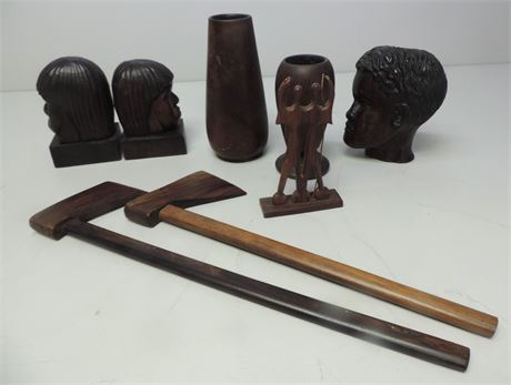Tribal Head Bookends / Carved Wood Axes