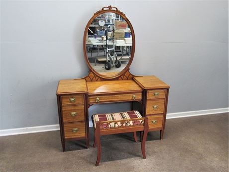 Gorgeous Vintage Tiger Mahogany Veneer Vanity with Mirror and Bench