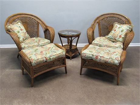 2 Wicker/Woven Chairs with Cushions, Pillows, Matching Ottomans and Side Table