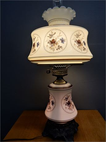 Vintage Quoizel Floral Hurricane Lamp with Chimney