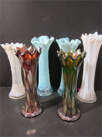 Vintage Stretched Swang Vases, Ribbed with Multi-Color