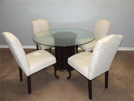 Contemporary Round Glass Top Dining Table / Four Parsons Chairs