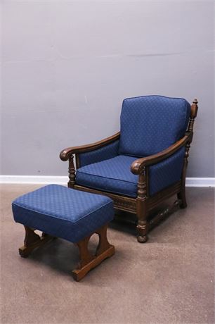 Ethan Allen Traditional Classics Blue Diamond Chair with matching Ottoman