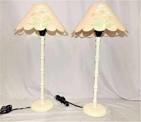Pretty Pair of Wood Base Table Lamps / Iris Shades