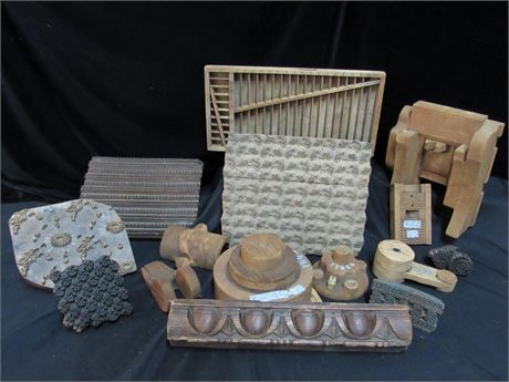 Vintage/Antique Wood Foundry Molds/Patterns and Textile Ink Stamps - 14 Pieces