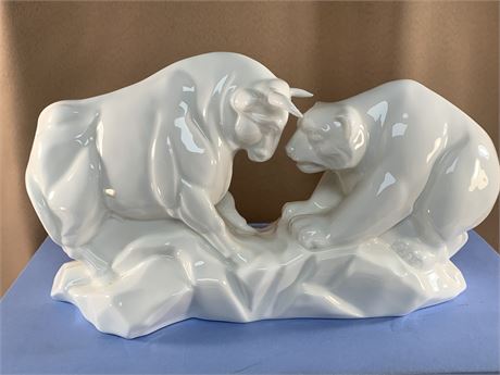 WEDGEWOOD Russell Bull Bear Wall Street Stock Market Figurine White Sculpture