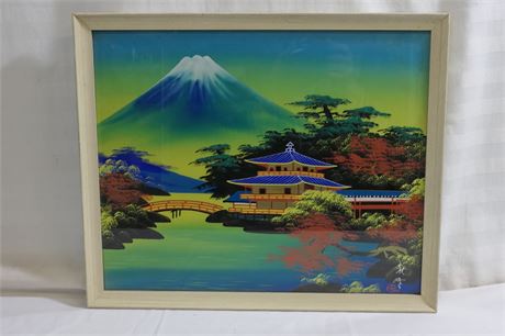 Asian Art Print of a Painting of Japanese Pagoda under a  Mountain