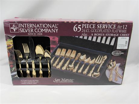 NIB - 65 Piece International Silver Co. San Marcos 24kt Gold Plated Flatware Set