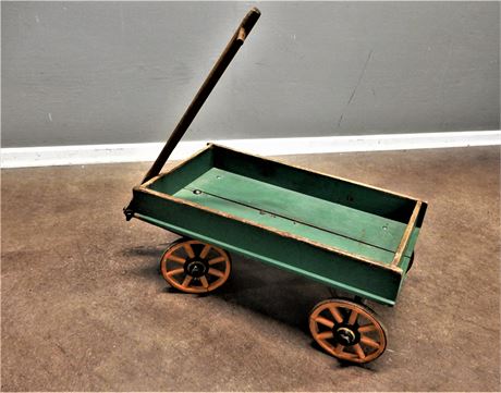 Vintage Hand Made Wood Wagon with Cast Iron Wheels