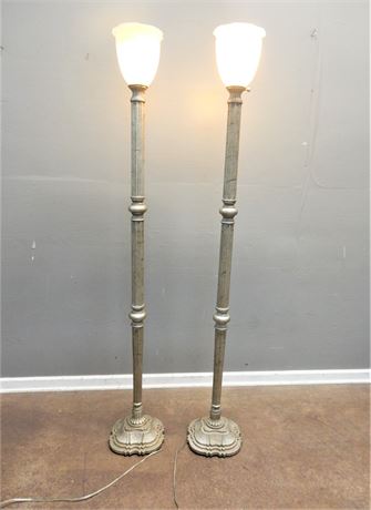 Contemporary / Floor Lamp / Silver Style Metal Base / Glass Shade / Set (2)