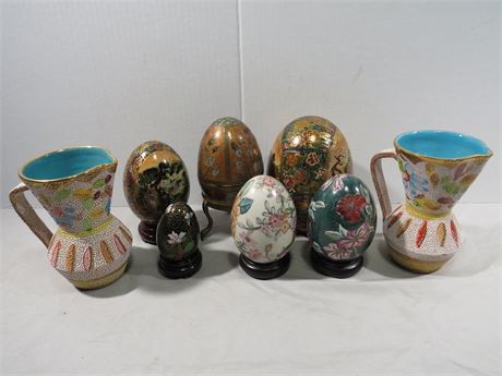 Decorative Enamel Eggs / Mid-Century Glazed Pitchers