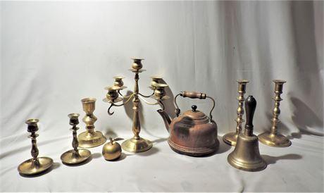 Vintage Brass Style Candelabra / Bell / Candlesticks / Copper Teapot
