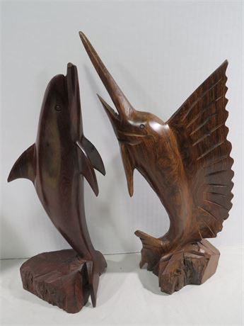 Carved Wooden Swordfish & Dolphin Sculptures