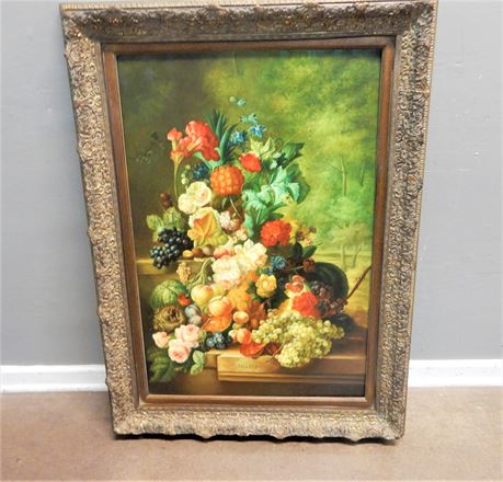 Signed Oil Painting of Flowers and Fruit