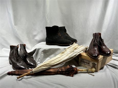 Antique/Vintage ENDICOTT JOHNSON & SELZ Shoes, Ladies Felt Boot & Parasols/umbr