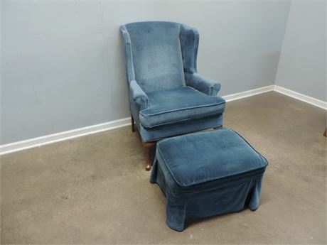 Vintage ROWE Furniture Velvet Wingback Chair / Skirted Ottoman