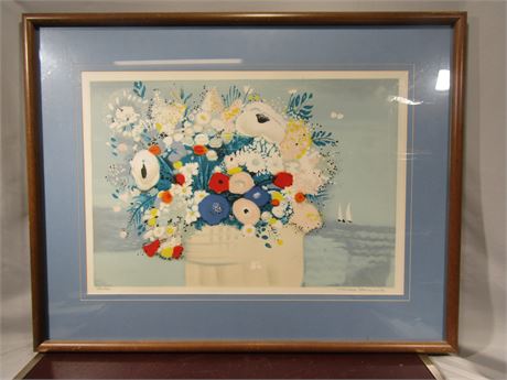 Marcele Stoianovich "Blue Flowers" Signed, Numbered Lithograph COA