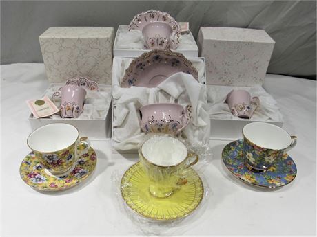7 Piece Decorative China Teacups - 4 with Original Display Boxes