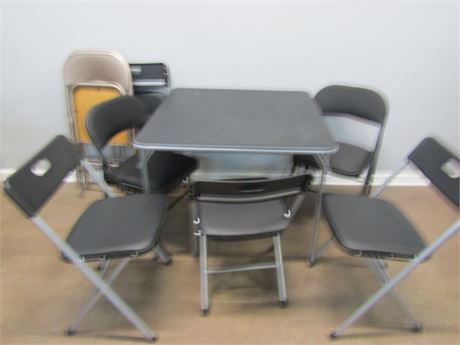 8 Folding Chairs and Table, Black Padded, Black and Brown Metal