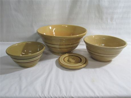 3 Vintage Yellowware Striped Nesting Bowls and lid