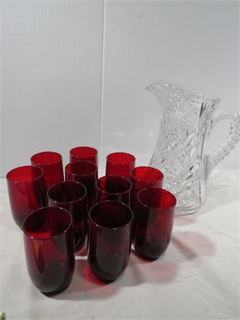 Crystal Pitcher w/11 Ruby Red Glasses