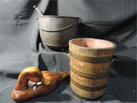 Duck Decoy / Vintage Cast Iron Pot / Wood Bucket