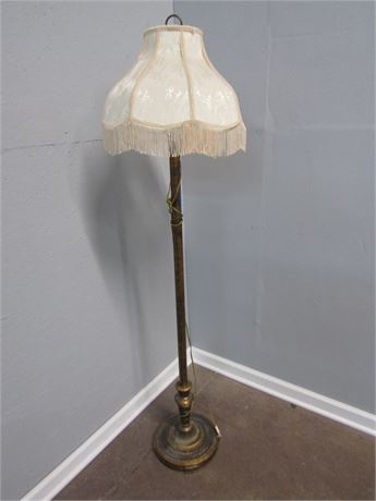 Vintage Thin Floor Lamp, Metal Brass Toned Base & Cream Large Scallop Dome Shade