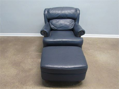 Sam Moore Blue Leather Occasional Chair with Ottoman