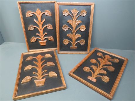 Carved Botanical Art Plaques Vintage 1970s