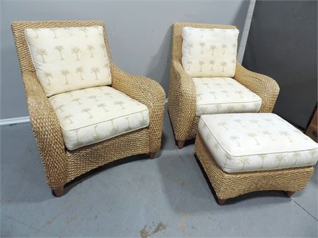 Pair of THOMASVILLE Wicker Chairs / Ottoman