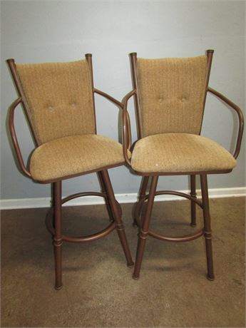 Pair of Two High Back Brown Cushioned Bar Stools with Arm Rests