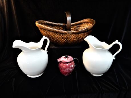 Large Antique Pitchers and Basket