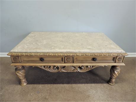 Ornately Carved / Coffee Table / Bisque Finish / Marble Top