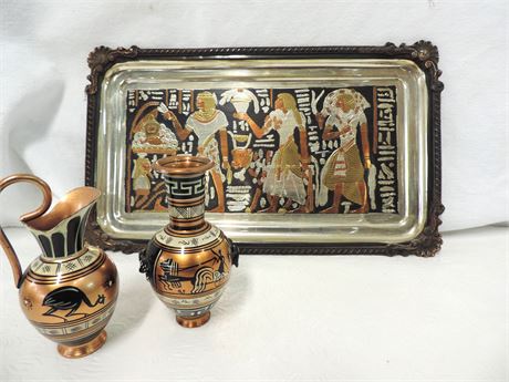 Egyptian Brass Style Tray & Miniatures