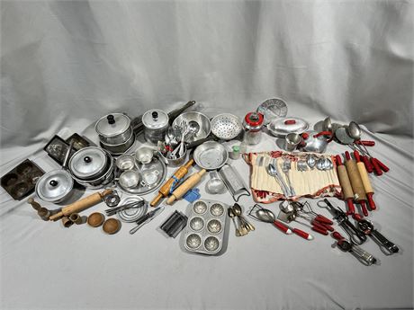 Antique / Vintage Aluminum Toy Kitchen with Tools, Pots, Pans & Brass Tea Spoons