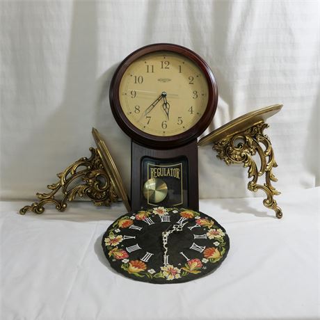 Brownstone Ltd. Pendulum Clock & a Floral Painted Wall Clock with Shelves Lot