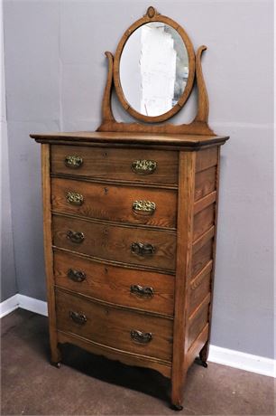 Vintage Victorian Chest of 5 Drawers with Oval Wood Framed Mirror