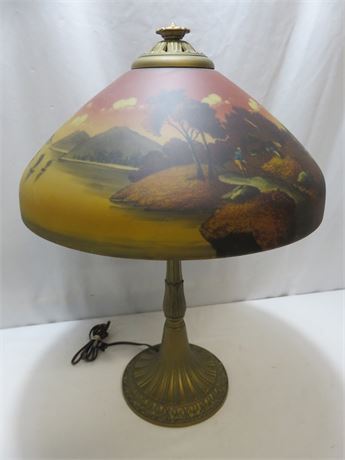 Vintage Handel Style Reverse Painted Glass Boudoir Lamp